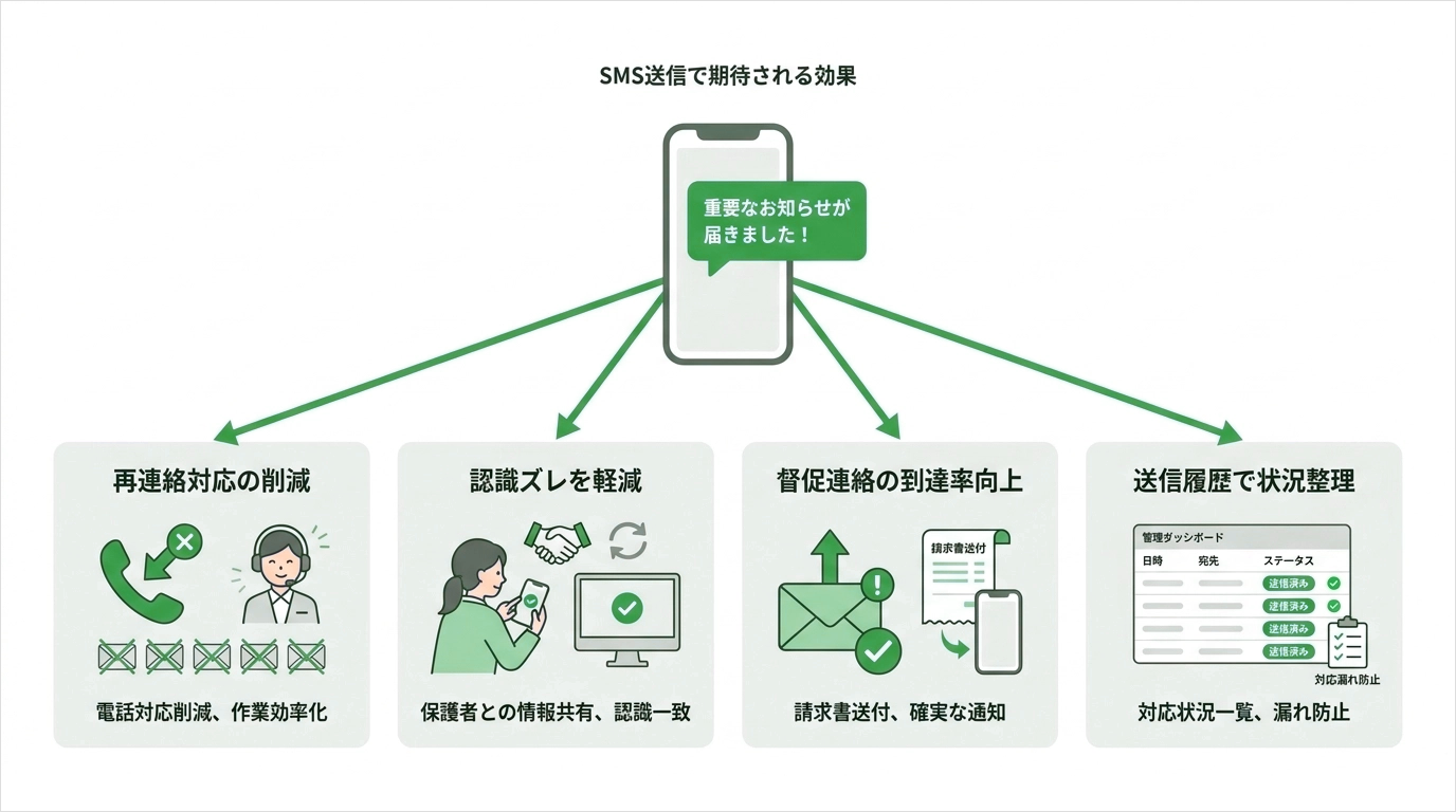 SMS配信で重要連絡の到達率を高め「届かない」を減らす仕組みのイメージ